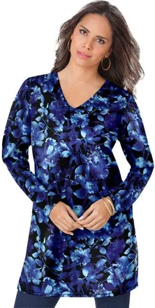 Roaman's Plus Size Cotton Ultimate Long Sleeve V Neck Tunic in Blue Shadow Floral at Nordstrom, Size Small
