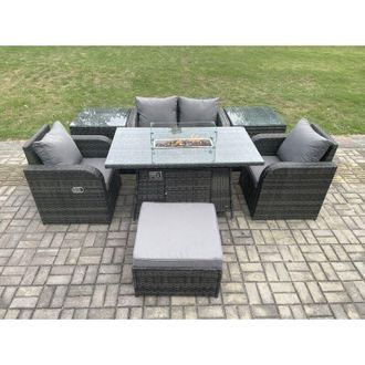 Fimous Rattan Garden Furniture Set Outdoor Patio Gas Fire Pit Dining Table and Chairs with 2 Side Tables Love seat Sofa Footstool - Fimous