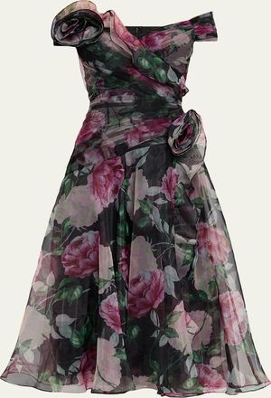 Teri Jon Off-Shoulder Pleated Organza Midi Dress