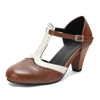 Generic Womens T-Strap Perforated Colorblock Oxfords Dress Pumps Round Toe Chunky Heel Mary Jane Shoes with Adjustable Strap (Brown,7.5)