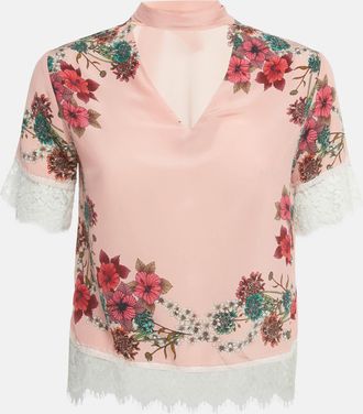 Sandro Pink Floral Print Silk Lace Trim Detail Top