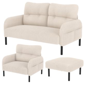 STILVORA Conjunto De Sof&aacute;s De 4 Plazas En Terciopelo Acanalado Con Sof&aacute; Recto, Sill&oacute;n, Taburete, Bolsillo Lateral, Beige