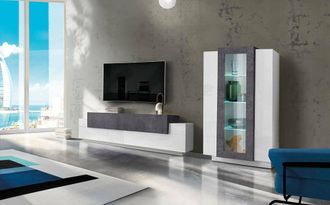 Dmora Mueble De Sal&oacute;n Modular, Made In Italy, Con Luz Led Blanca, Mueble Para Tv Y Vitrina, Conjunto De Sal&oacute;n Moderno, 290x45h121 Cm, Color Blanco Brillo Y 