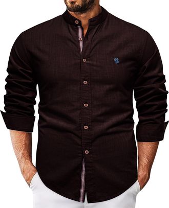 Generic Mens Casual and Fashionable Cotton and Linen Solid Color Standing Collar Business Long Sleeved Shirt Mens Holiday Turtleneck Long Sleeve (Black, M)