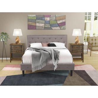 East West Furniture NL14Q-2VL07 3 Pc Bed Set - 1 Bed Brown Taupe Velvet Fabric Headboard and 2 Nightstands - Distressed Jacobean Finish Nightstand