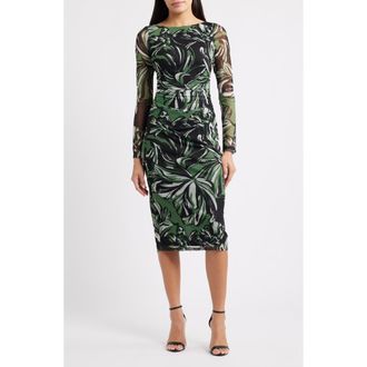 Vince Camuto Print Long Sleeve Mesh Body-Con Dress in Green Black at Nordstrom Rack, Size 10