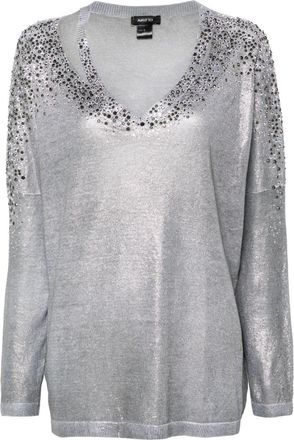 Avant Toi crystal-embellished V-neck jumper - women - Linen/Flax/Cotton - M - Grey
