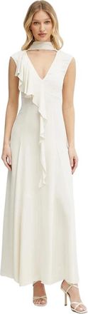 Karl Lagerfeld Kleedjes, Dames, Beige, M, Maxi jurk met ruches en V-hals