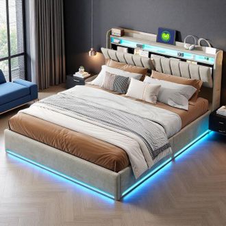 OEM Cama 160x200 - 240822hgy - Led Integrado - Cofre Hidr&aacute;ulico - Recubrimiento De Terciopelo Gris