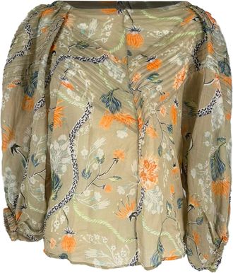 Chlo&eacute; Floral-Print Balloon Sleeved Blouse in Multicolor Ramie