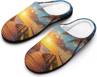 Generic Palm Tree Sunset Beach Fashion Cotton Slippers for Women Memory Foam House Slippers Non-Slip House Bedroom Shoes
