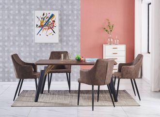 Life Interiors Juego De Comedor Cosmo Lux Zarah: Mesa De Comedor De Madera De Nogal Y Juego De 4 Sillas De Comedor De Cuero Marr&oacute;n - Comedor Cocina