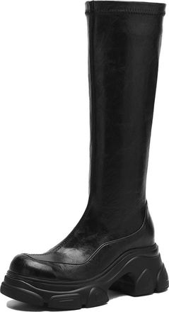 Generic Womens Knee-High Boots Faux Leather Chunky Platform Heels Side Zipper Trendy Tall Boots Comfortable Non-Slip Daily Streetwear Fashion Outings,Black,5.