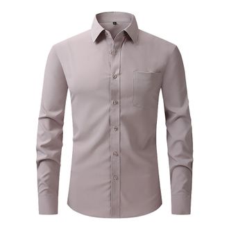 Generic Mens Casual Fashion Solid Color Business Lapel Pocket Long Sleeved Shirt T Shirt Long Sleeve Men (Beige, XXXL)