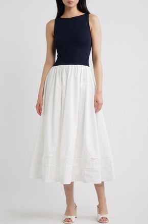 Blu Pepper Mixed Media Lace Inset Midi Dress in Navy at Nordstrom, Size Medium