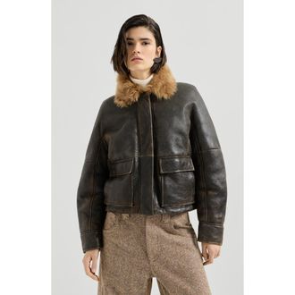 Brunello Cucinelli Vintage-effect shearling aviator jacket with monili in Vintage Brown at Nordstrom, Size 50
