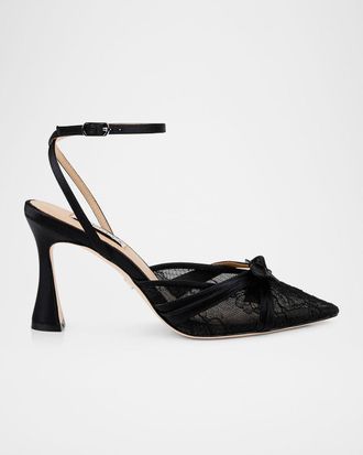 Badgley Mischka Josie Silk Lace Bow Ankle-Strap Pumps