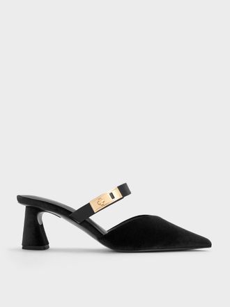 Charles & Keith Lando Velvet Pointed-Toe Metallic-Buckle Heeled Mules