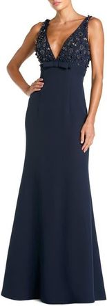 Mac Duggal Petite Crepe Sleeveless Beaded V Neck Gown With Bow in Midnight at Nordstrom, Size 12
