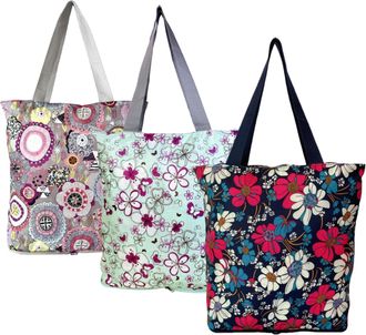 Generic 3 Pack Reusable Grocery Bags Foldable Washable Shopping Tote Bag with Top Zipper in Floral Pattern Heavy Duty Long Handles, Blue Green Grey Floral, L