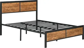 HOMCOM Double Size Bed Frame Steel Bed Base with Headboard 147 x 197cm Brown | TJ Hughes