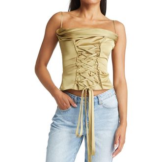 House of CB Letitia Lace-Up Satin Corset Top in Olive at Nordstrom, Size X-Small D