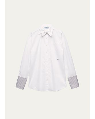 Prada Striped-Cuff Cotton Poplin Button-Down Shirt With Scarf