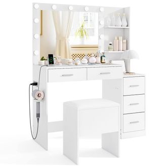 Costway Costway Modern Vanity Desk w/5 Drawers &Stool Makeup Table Set w/Power Outlets in White