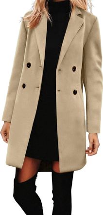 Generic Womens Pea Coats Mid-Length Double Breasted Long Wool Coat Longline Casual Blazers Lapel Collar Winter Jackets Ladies Elegant Work Office Trench Coats