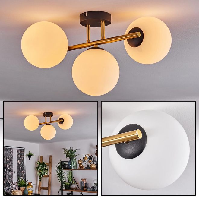 HOFSTEIN Deckenleuchte Gastor, 3-flammige Deckenlampe aus Metall/Glas in Schwarz/Gold/Milchglas, moderne Leuchte im Retro/Vintage-Design (Schirme Ø 15cm), E14, ab 59,99 €