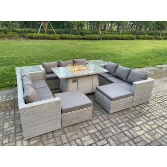 Fimous Outdoor Garden Dining Sets Rattan Furniture Gas Fire Pit Dining Table Gas Heater with 2 Side Tables 2 Big Footstools Light Grey - Fimous
