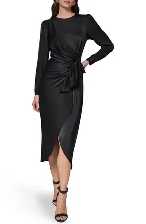 DKNY Long Sleeve Satin Faux Wrap Dress in Black at Nordstrom, Size 14