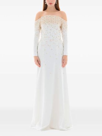 Dina Melwani pearl crystal embellished gown - White