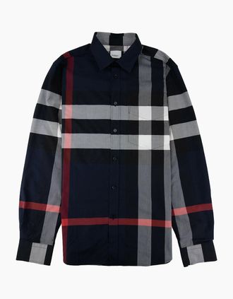 Burberry Mens Burberry Check Poplin Shirt Navy - Size: Regular/34
