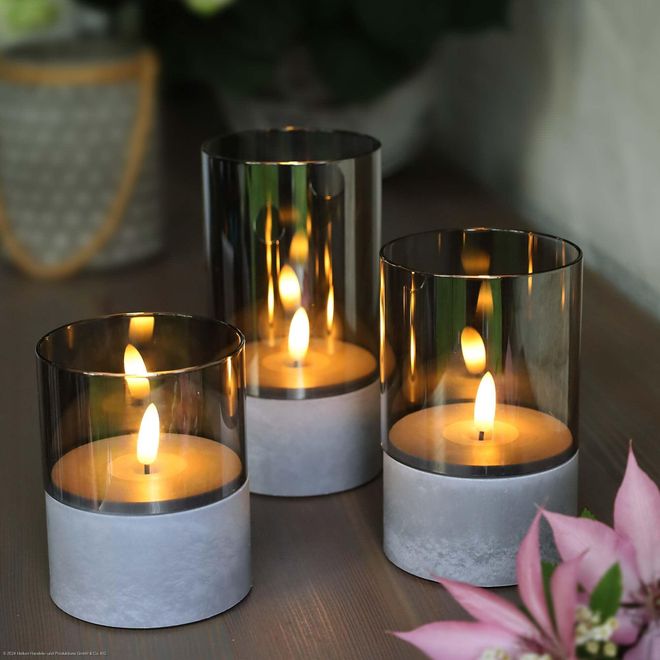 Hellum LED Kerzen mit Timerfunktion grau, 3er Set in versch. Größen, LED Kerzen flackernde Flamme, mit Timerfunktion outdoor, mit Batterien 6xAA (nicht inkl. ab 24,20 €
