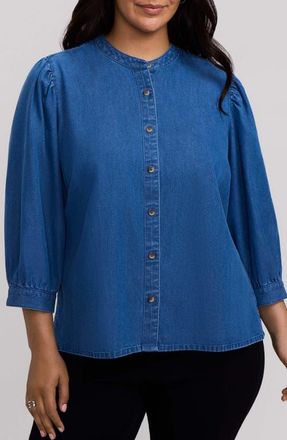 Foxcroft Helsa Puff Sleeve Denim Shirt in Dark Wash at Nordstrom, Size 2X
