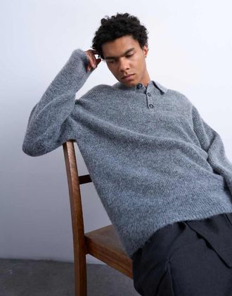 Topman Polo oversize in maglia color antracite-Grigio