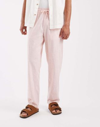 Blend Pantaloni in misto cotone e lino color pesca con coulisse-Rosa