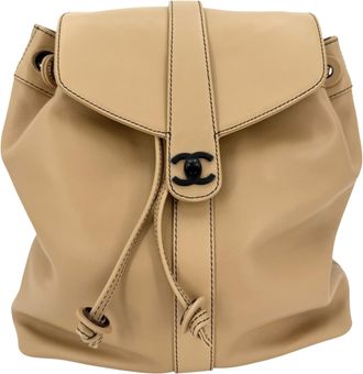 Chanel Vintage Cc Turnlock Leather Beige Leather Backpack Bag (Pre-Owned)