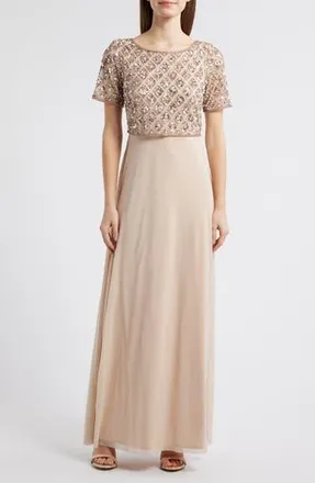 Pisarro Nights Beaded Mesh Mock Two-Piece Evening Dress in New Peach at Nordstrom Rack, Size 6