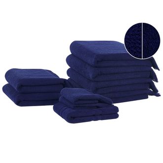 Beliani Beliani - Conjunto De 9 Toallas De Algod&oacute;n Azul Marino Rizo Textura Borlas Ba&ntilde;o Atiu