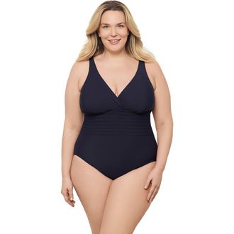 Aqua Green Plus Size V-Neck Surplice Trim Overlay Full Coverage One-Piece Swimsuit in True Navy at Nordstrom, Size 2X