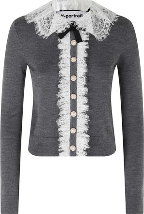 Self Portrait Grey Merino Wool Lace Collar Jeweled Cardigan
