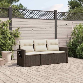vidaXL Set Sof&aacute;s De Jard&iacute;n 3 Piezas Y Cojines Rat&aacute;n Sint&eacute;tico Marr&oacute;n Vidaxl