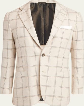 Kiton Mens Cashmere Windowpane Check Two-Button Sport Coat