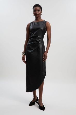 Karen Millen Womens Faux Leather Ruched Asymmetric Pencil Dress - Black Nylon - Size 14 UK