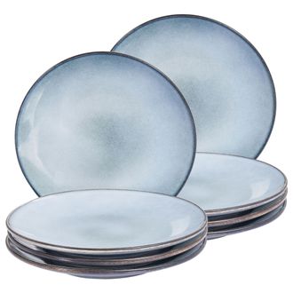 Beliani Conjunto De 8 Platos Llanos Grandes De Gres Caol&iacute;n Para Postres Artesanal Acabado Esmalte Reactivo Azul Claro Juniper
