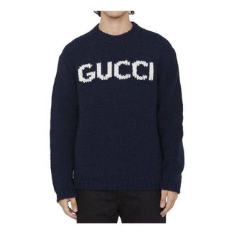 Gucci Knit Wool Jumper With Gucci Intarsia Blue Ivory 761539-XKDK4-4492