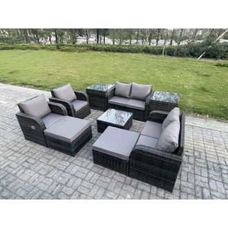 Fimous Garden Furniture Set Rattan Outdoor Lounge Sofa Chair With Tempered Glass Table 2 Big Footstool 2 Side Tables Dark Grey Mixed - Fimous