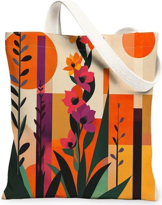 Generic Spring Aesthetic Gladiolus Canvas Tote Bag for Shopping 13x15, Funky Retro Floral Reusable Grocery Print Bag for Women Men, Abstract Flower Aesthetic 